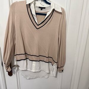 Adrianna Papell Beige and White Layered V-Neck Blouse